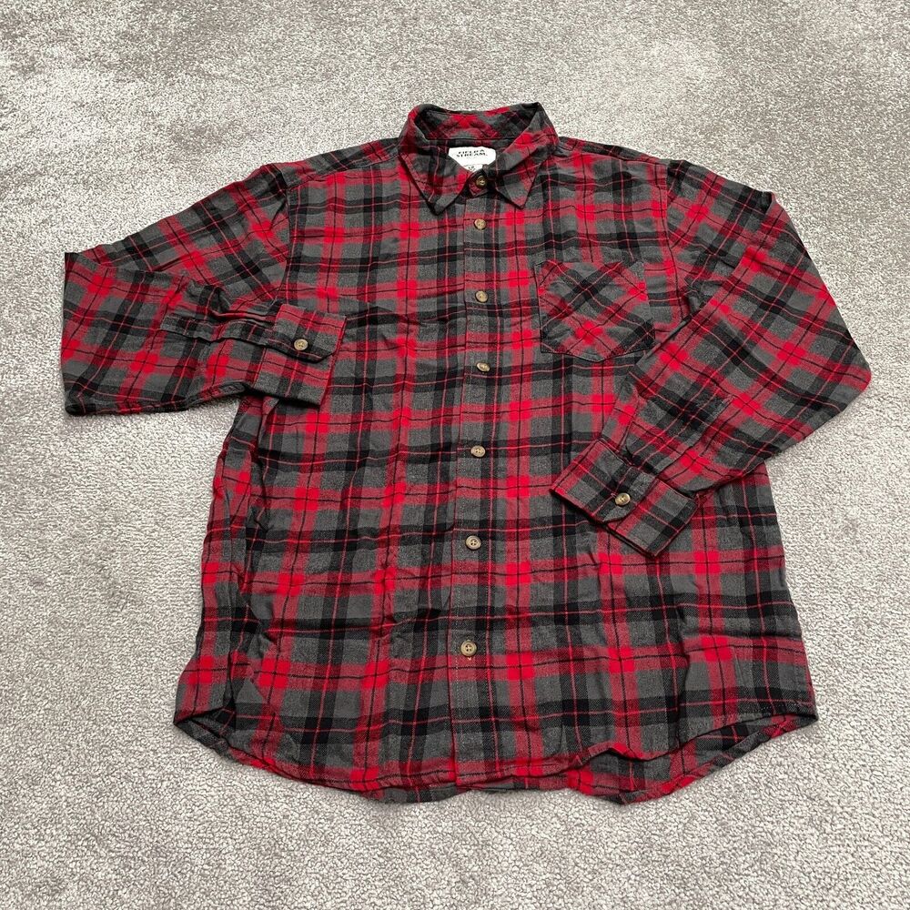 Field & Stream Flannel Shirt Mens Large Red Gray Black Plaid Long Sleeve Casual